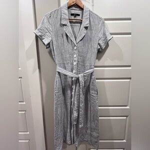 Quince 100% European linen button front dress blue pinstripe XS